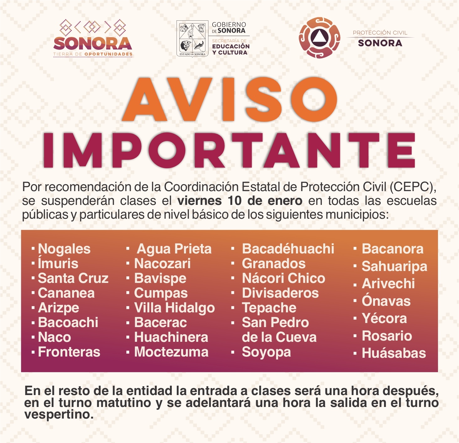 Sonora Extiende Suspensión de Clases por Mal Tiempo